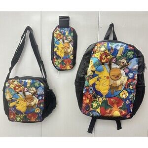 NWOT 3pc Set Pokémon Black Backpack, Lunchbox, Pencil Pouch Pikachu and Eevee